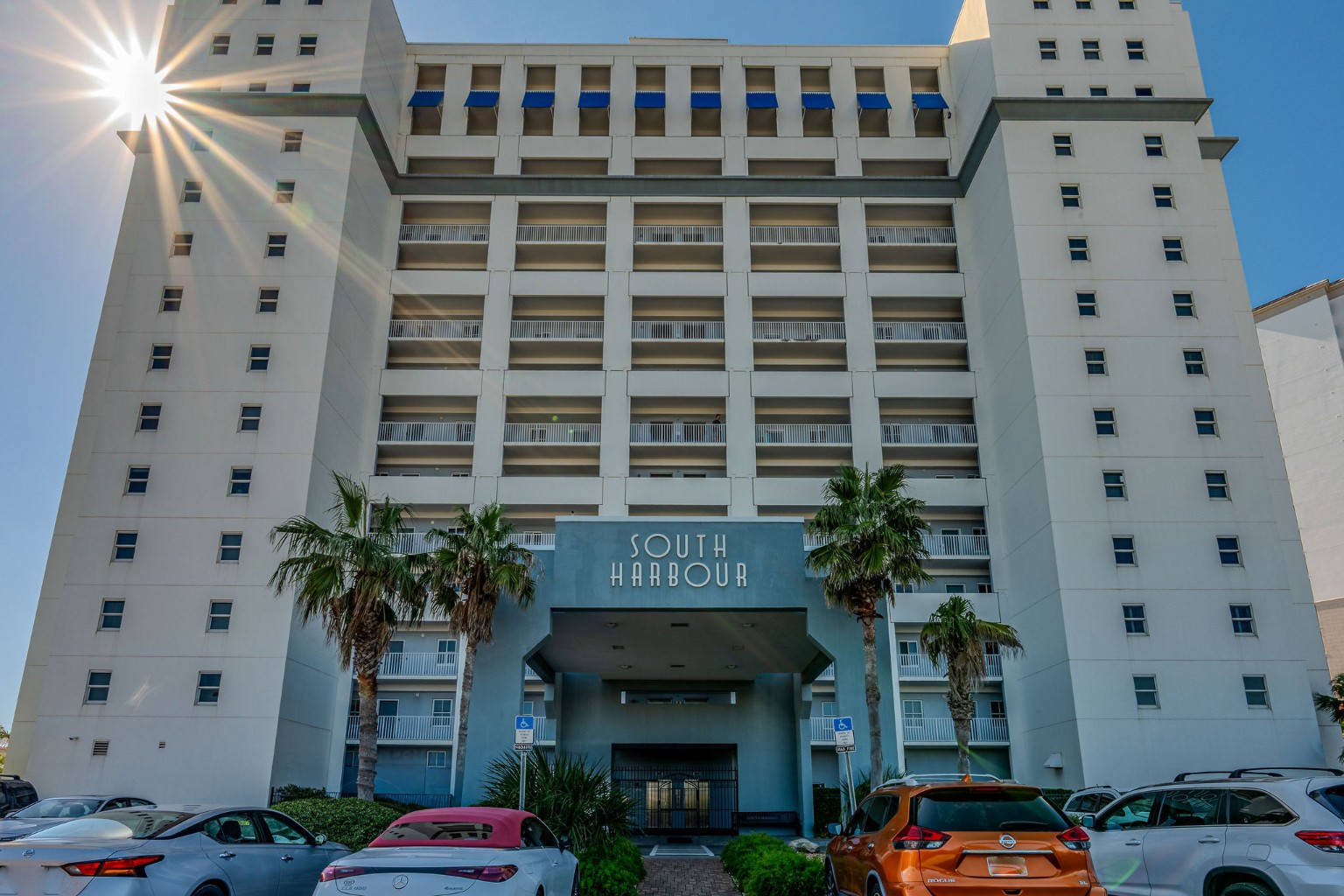 South Harbour’s front entrance, with the sunburst beside the building.